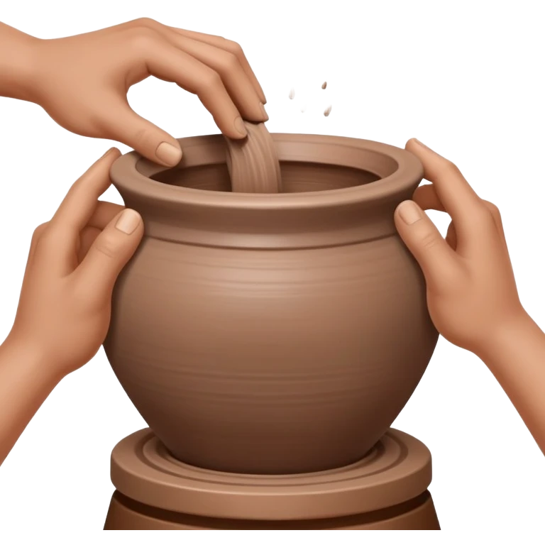 Close-up of two hands working from outside a clay vessel on a silver pottery wheel, both pinching and lifting the clay upward at the same spot to form the vessel wall emoji