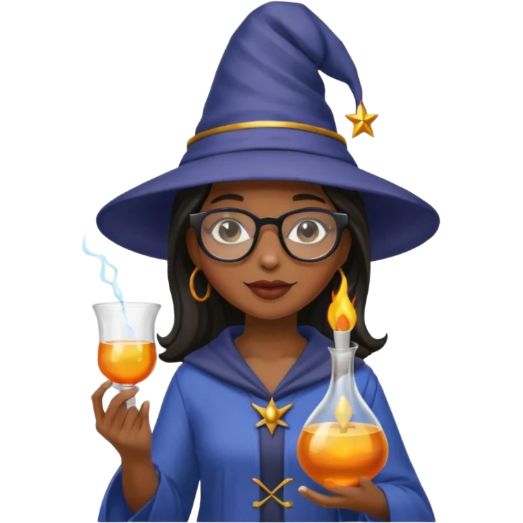 black woman scientist with glasses, wearing wizard hat custome, with glass vase emoji