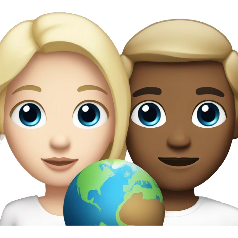 a couple holding a planet, boy is white with blonde hair and blue eyes, girl is white with dark blonde hair and light brown eyes  emoji