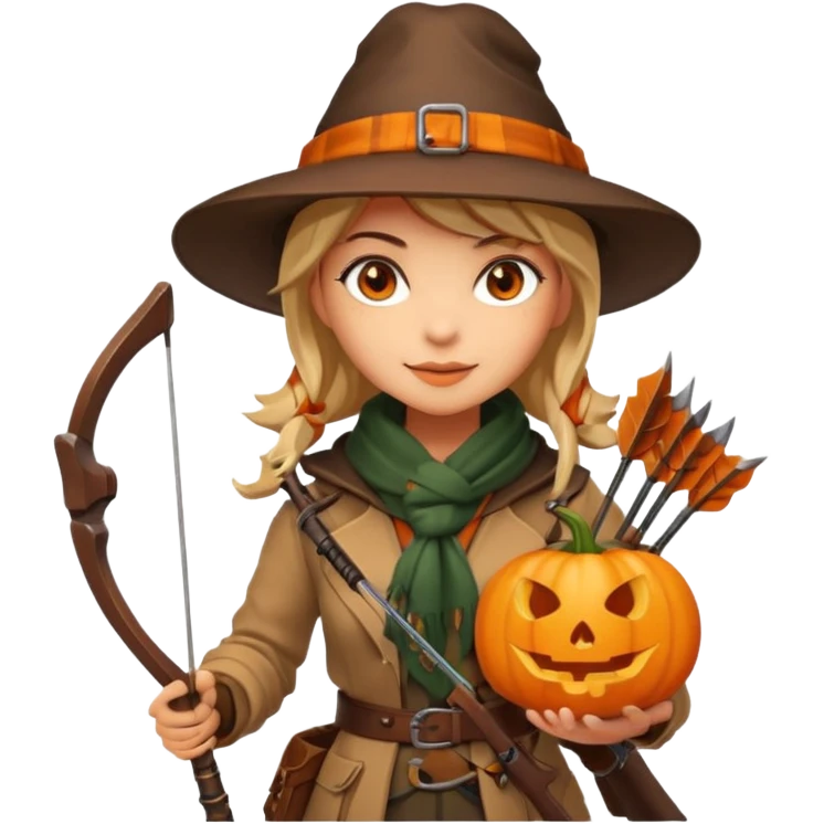 female human monster hunter emoji, wearing brown coat and hat, holding crossbow, soft smile, scarf, glowing pumpkin by her side, Halloween fantasy style, clean vector Apple emoji look, bright colors, white background, square emoji