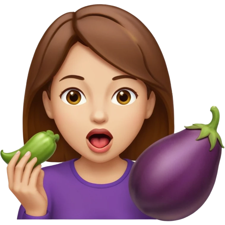 Brown hair light skin woman about to eat an eggplant mouth open emoji