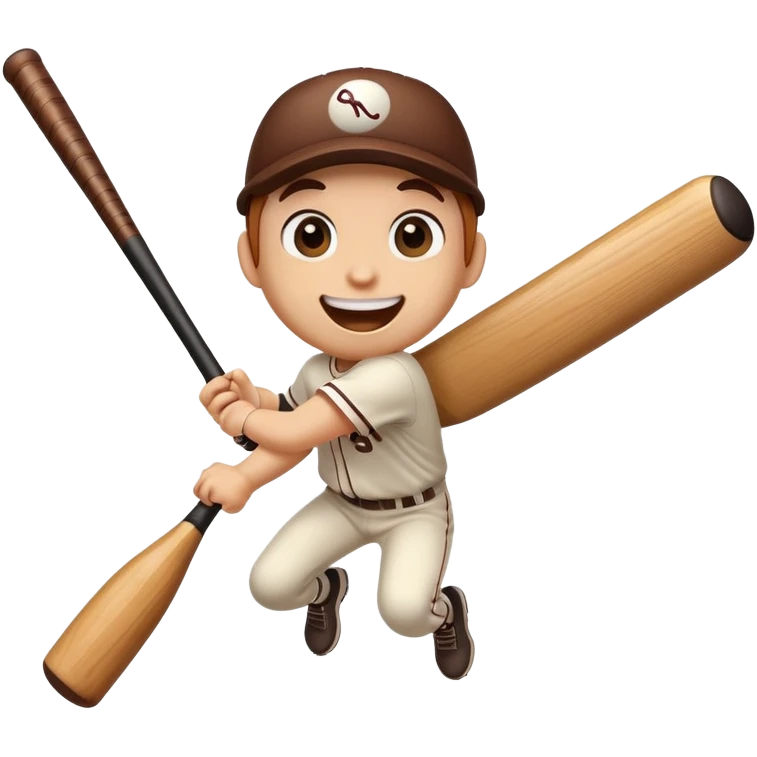Baseball bat character with expressive eyes and a smile, jumping with excitement emoji