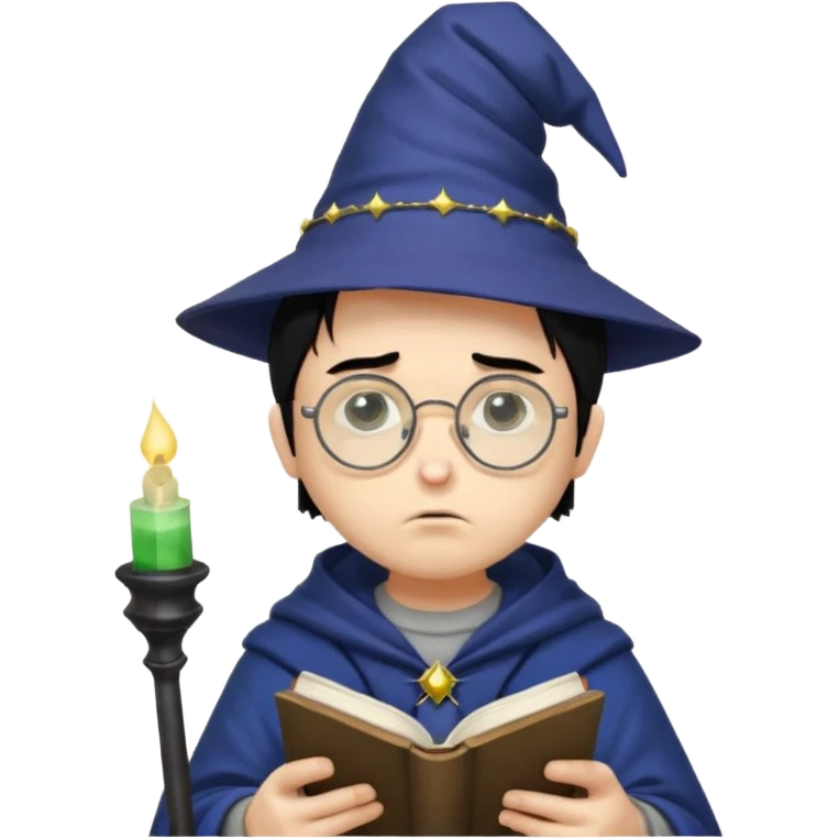 ["A sad boy with light skin, straight hair, wearing a wizard hat and round glasses, dressed in punk fashion, is reading a book while holding a phone."] emoji