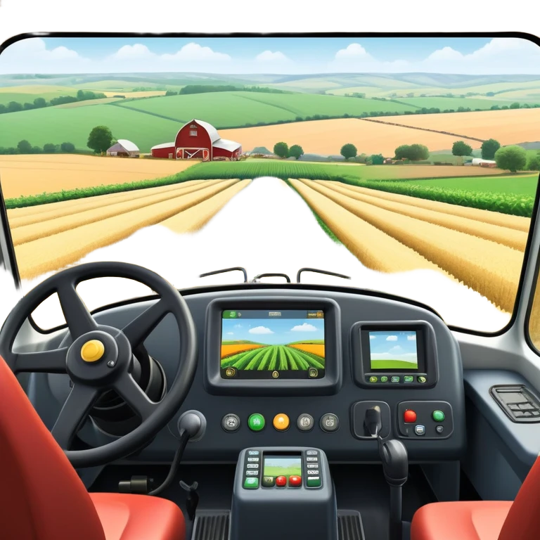 a view from the tractor cabin, with the dashboard in focus, overlooking a vibrant rural landscape. Inspired by Farming Simulator 22, the scene includes fields, crops, and distant barns under a bright sky. The design highlights the immersive experience of farm management. transparent background emoji