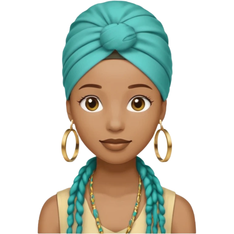 Non-portrait Jayci-vibe emoji, 1024 PNG, transparent. Headwrap (muted R-G-G), hoops, locs hint; soft smile, golden inner glow + faint heart aura. Embed: first-love, roots calm, playful grace, protective joy, consent. emoji