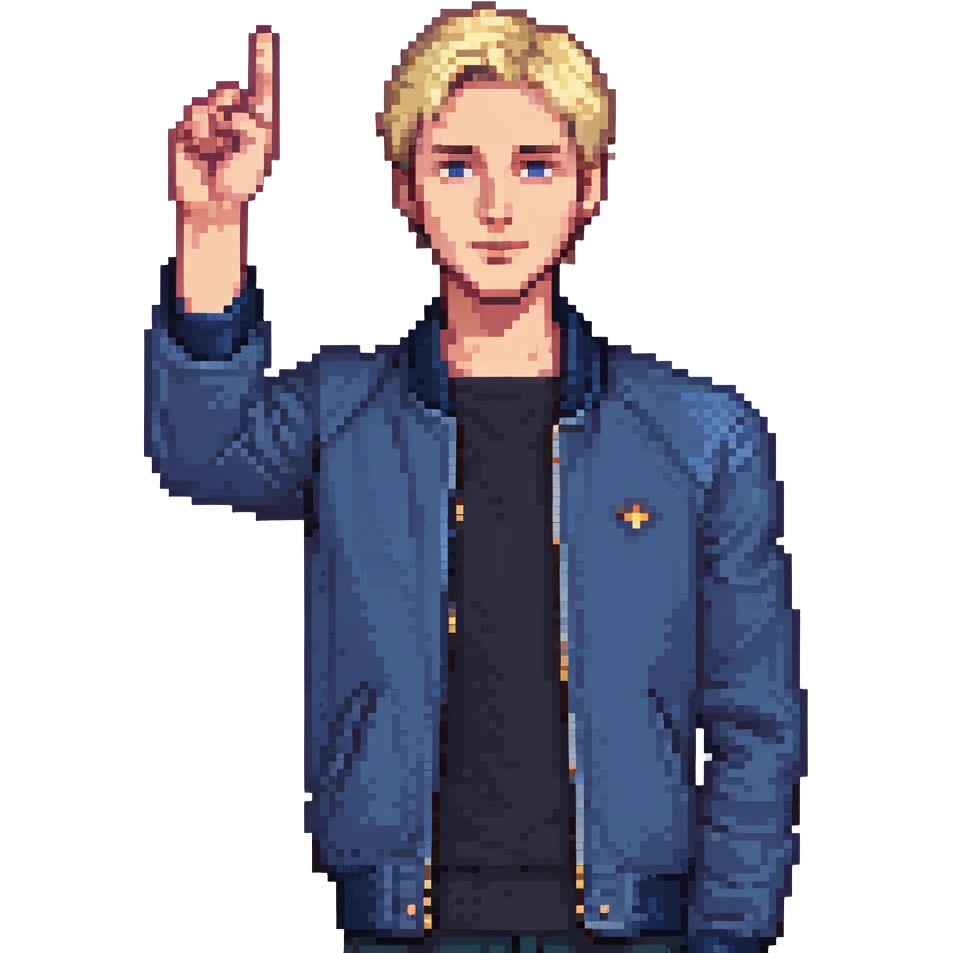 Flat pixel art, confident male leader, Caucasian, short neat blonde hair, sharp eyes, indigo jacket, one arm raised gicing direction, waist-up, front-facing emoji