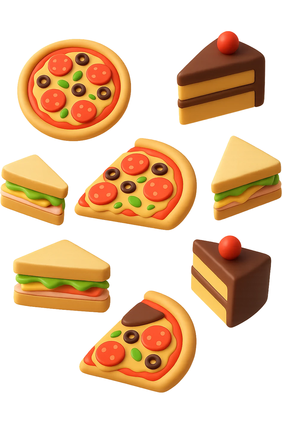 pizzette, fette di torta e panini, fluttuano in aria in 3d, sfondo bianco emoji