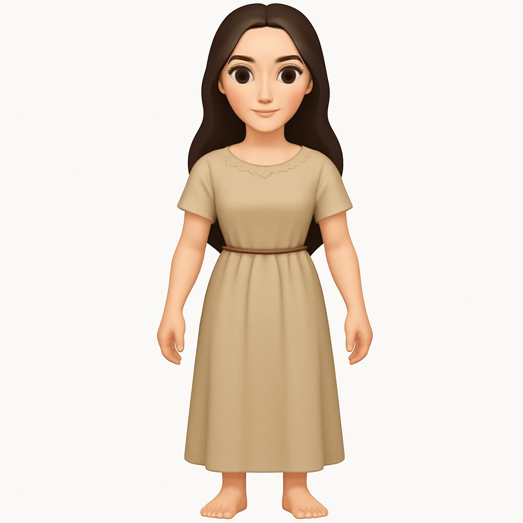 Fullbody Mary Magdalene, fit and feminine, very pretty detailed face, plain light tan ancient dress, no hood, dark hair, arms lowered to a normal pose with hands by hips, in emoji style. emoji