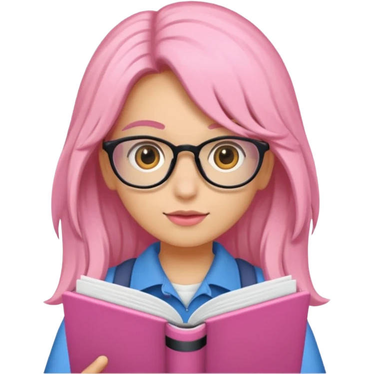 Estudante de cor parda,com o cabelo loiro , e de óculos segurando um caderno rosa emoji