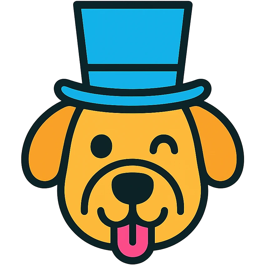 dog in a tophat, color outline icon, playful, modern emoji