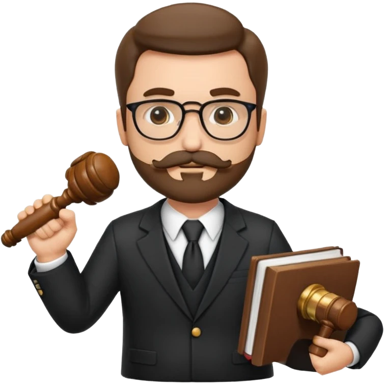 “Create a clean, modern emoji-style illustration of a male lawyer. He is wearing a formal suit jacket. He is holding a judge’s gavel (QUE SE VE DE COSTADO) in one hand and has a law book tucked under his arm. He has a mustache and beard (BARBA)!, and GLASSES emoji
