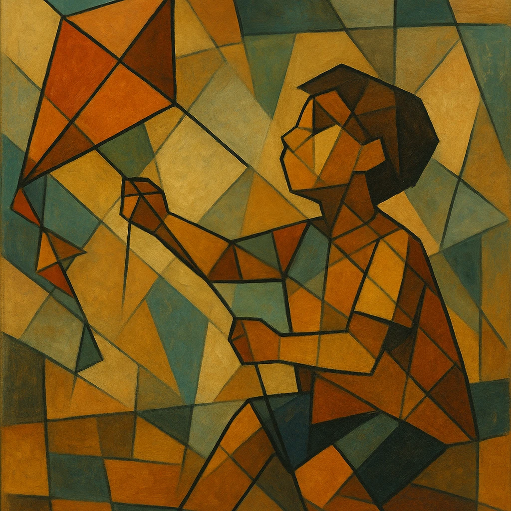 Child flying a kite, arm and string abstracted in linear tension.
 emoji