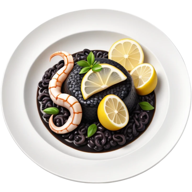 cinematic-realistic-black-risotto-dish,-showcasing-lagre squid pieces-rendered-with-bold-textures-and-dynamic,-dramatic-lighting in a white plate with a grilled lemon on top emoji