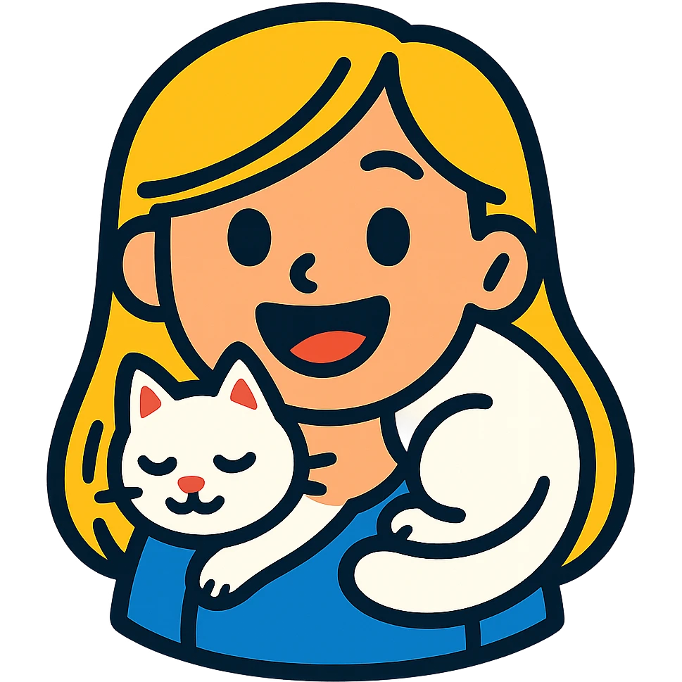a smiling girl with long blonde hair, a white fluffy cat curled around her neck and left shoulder, vibrant toon style emoji for messaging apps emoji