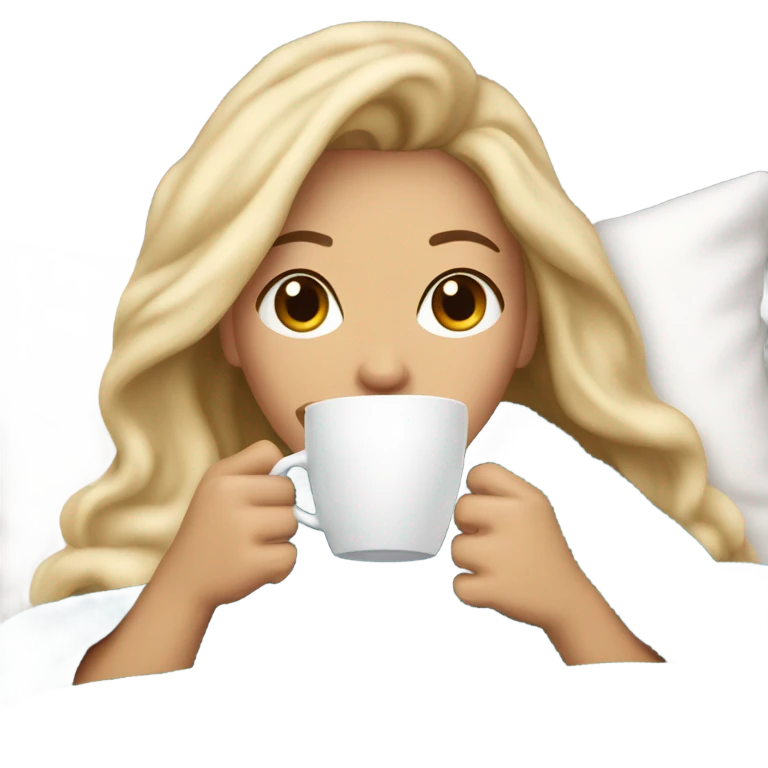 Beautiful woman,Blonde balayage hair, sipping coffee under blanket in bed emoji