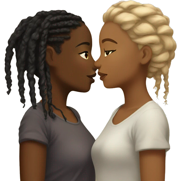 Black girl with black locs kisses brown girl with short blond hair emoji