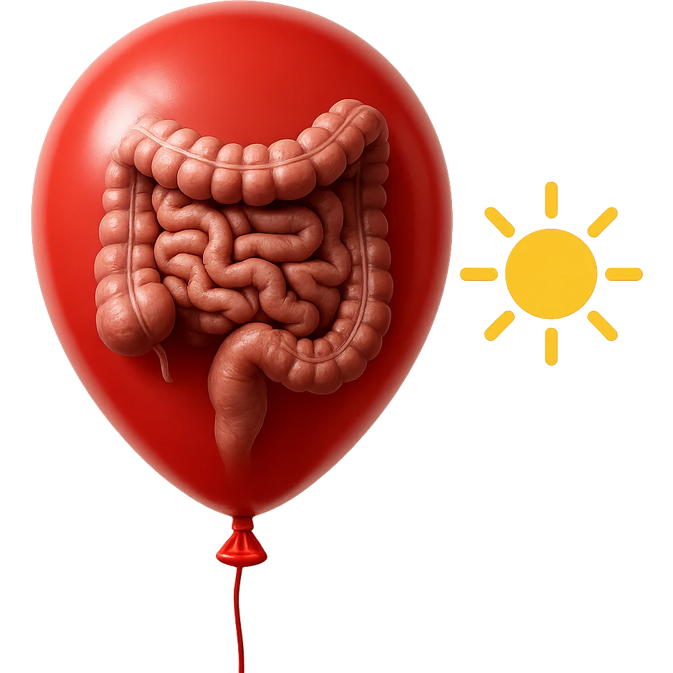 intestino umano anatomico chiuso in un palloncino rosso che simboleggia gonfiore, accanto un simbolo di sole che simboleggia "gonfiori di mattina", iperrealistico 4k emoji