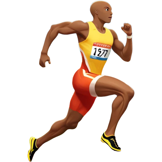 An icon depicting a sprinter in mid-run on a track, muscles tense with speed. The background shows a vibrant stadium filled with cheering fans, bright lights illuminating the track, and a clear sky above. The energy of the race and the thrill of competition are captured in motion.  emoji
