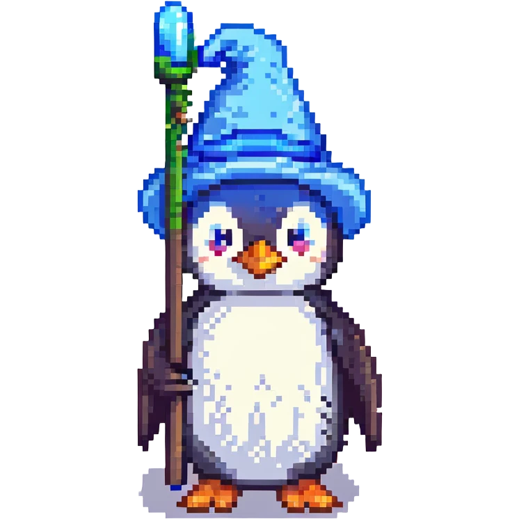 pixel art penguin wizard with a blue hat and staff emoji