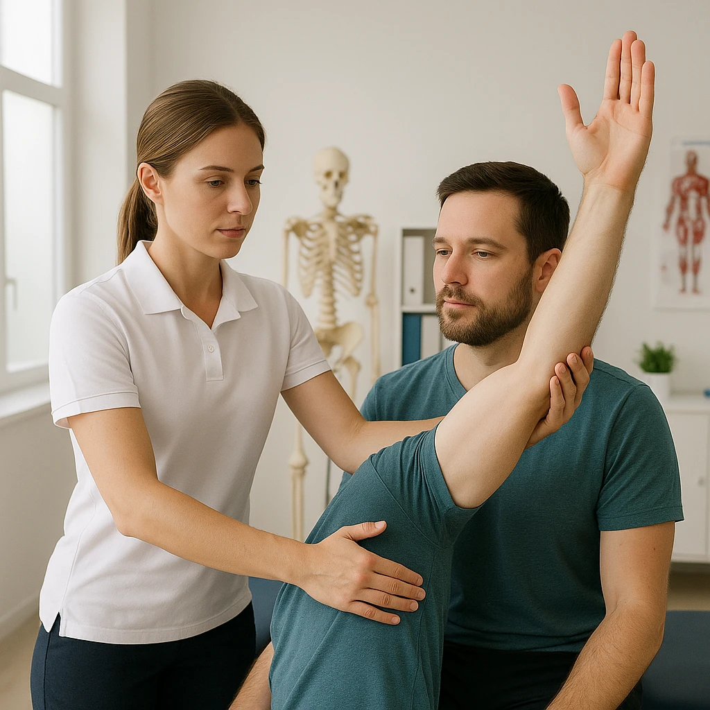 realistic image of a kinesiologist performing a kinesiological evaluation on a patient in a clinical environment with professional details, inspired by a real scene emoji