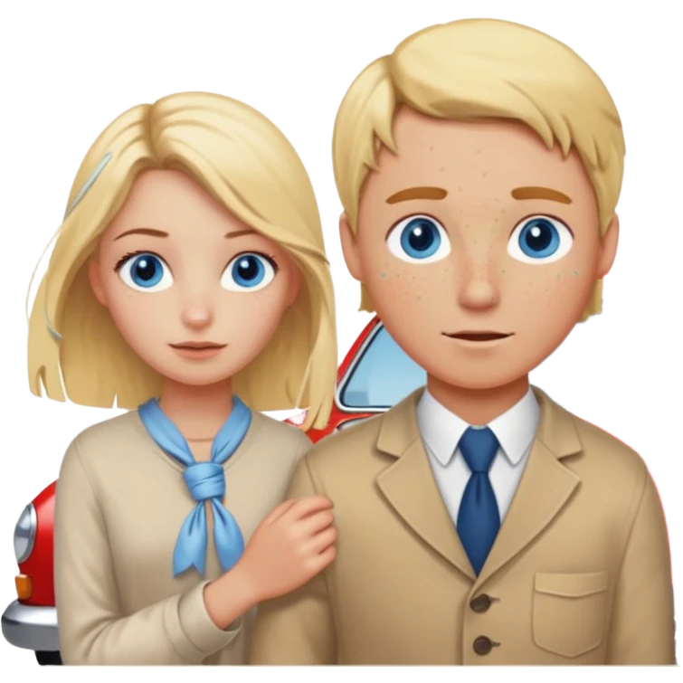 crea un emoji con esos 3 en conjunto👫🏻🪢🚘 & que la chica sea rubia y tenga pecas en la cara y tenga los ojos azules emoji