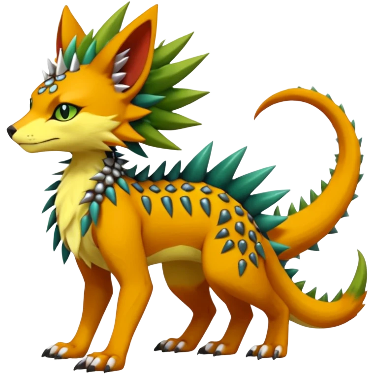 Kawaii cute reddish orangish yellowish greenish exotic tribal beautiful pretty elegant divine edgy feline-vernid-sergal-Fakémon-Pokémon-Digimon-fursona-animal-creature with accessories, jewelries, full body, with intricate detailed markings, spikes, furs, fins, scales, spiny emoji
