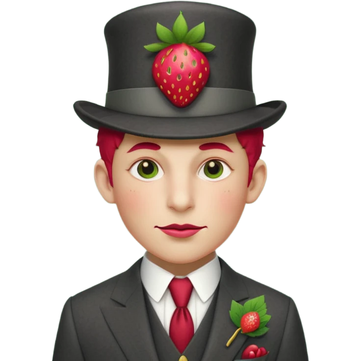 Pretentious cartoon strawberry in a tailored charcoal three‑piece suit, leaf‑cap styled like a pompadour, gold‑stud seeds, sugar‑glass monocle, licorice cane, smug expression; clean vector style, flat shading, cream background, rich crimson/forest‑green palette, 3/4 view, elegant lighting.
 emoji