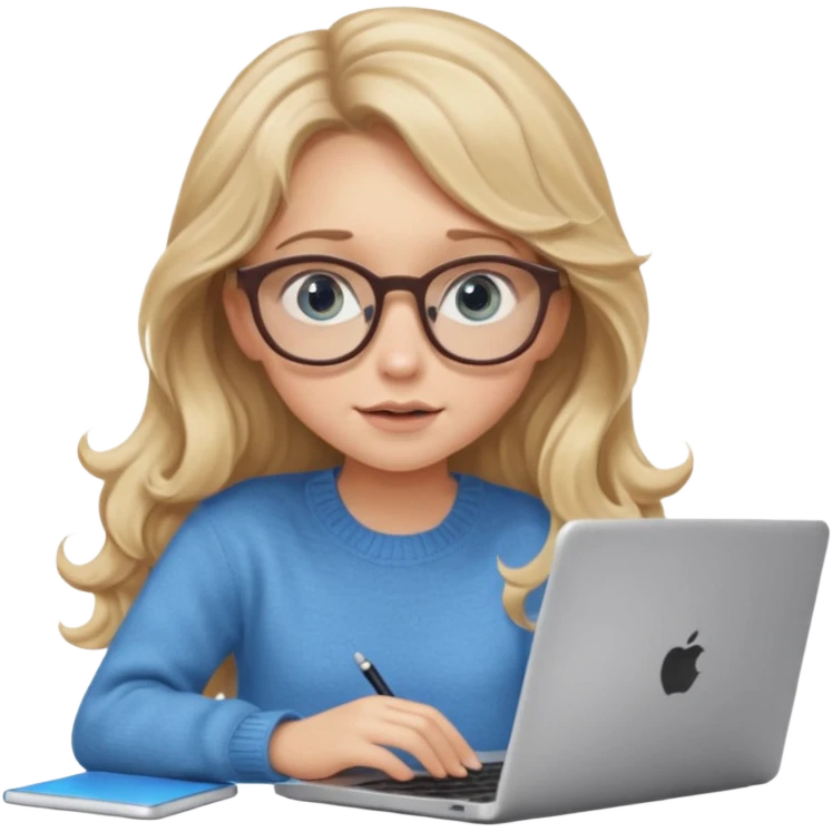 blonde girl with long dark blonde wavy hair, blue big eyes, pantos-style glasses, a brown sweater, sitting and looking in laptop, soft pastel, upper body shot emoji
