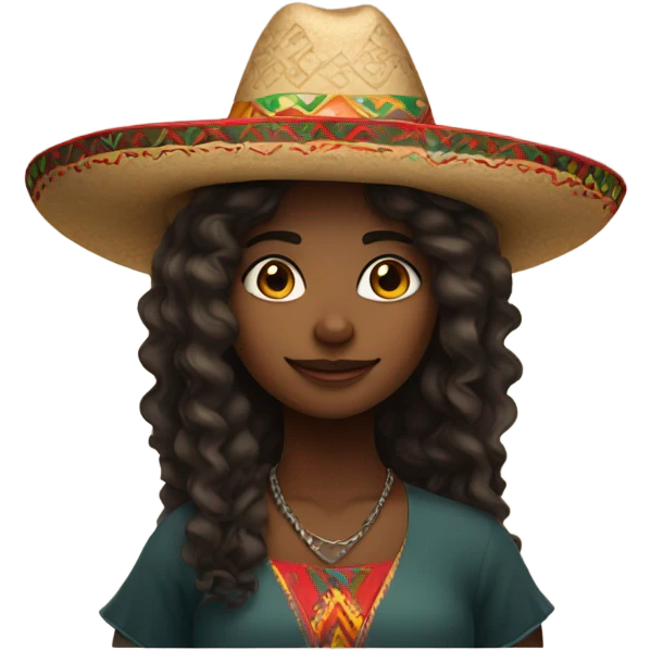 Darkskin girl with long curly hair with Mexican hat on emoji