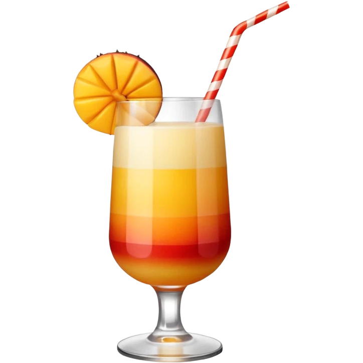 A beautiful cocktail with a gradient from red to orange, topped with mango pudding and lined with a striped straw. emoji