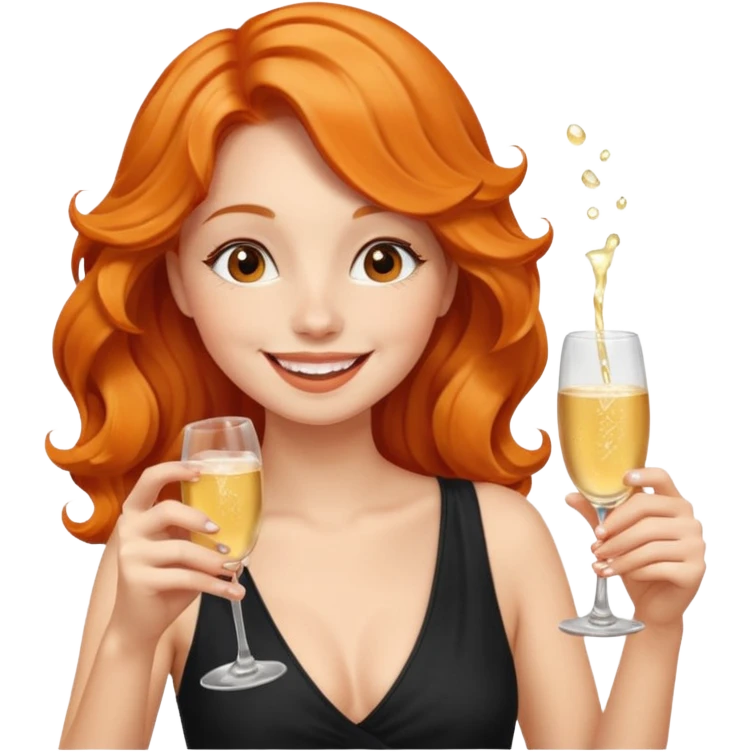 A shy young woman with orange wavy hair gently takes her first small sip of champagne, smiling with excitement. emoji