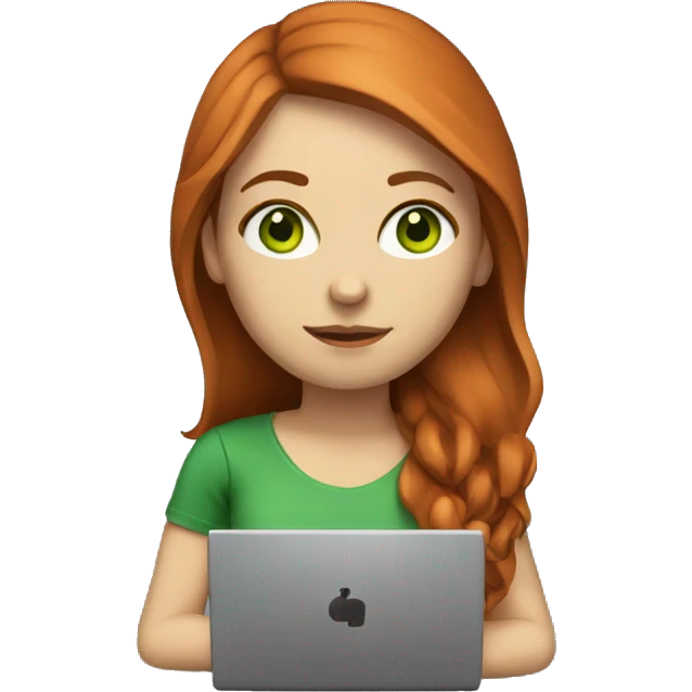 Female coder featuring a laptop. She has long reddish hair, green eyes, white skin. emoji