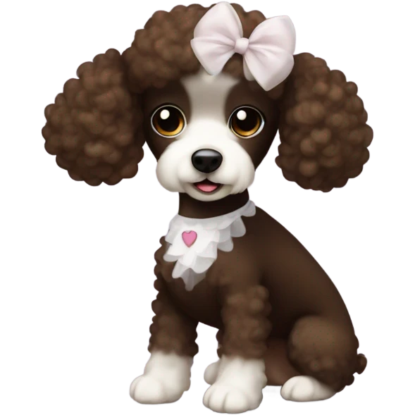 Chocolate brown and white poodle wearing a tutu emoji