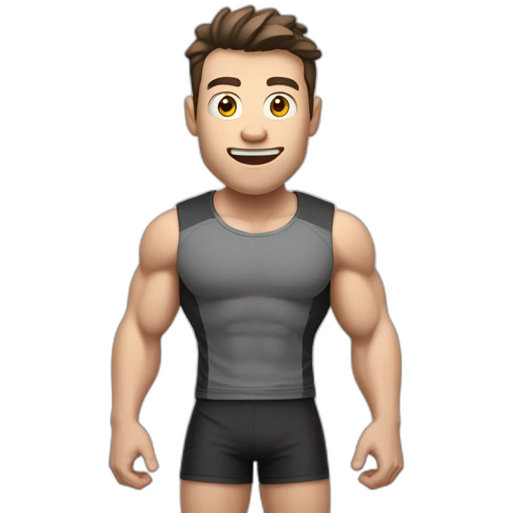amazed Open with surprise mouth Pale skinned Fit Man With the biceps and dark brown hair in black shirt, gray sports shorts and white Sneakers emoji