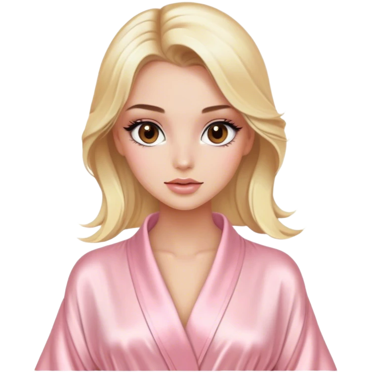 blonde model with brown eyes, luxury makeup, light pink silk robe emoji