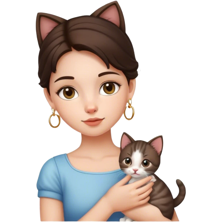 brunette girl with hoop earrings holding a kitten  emoji