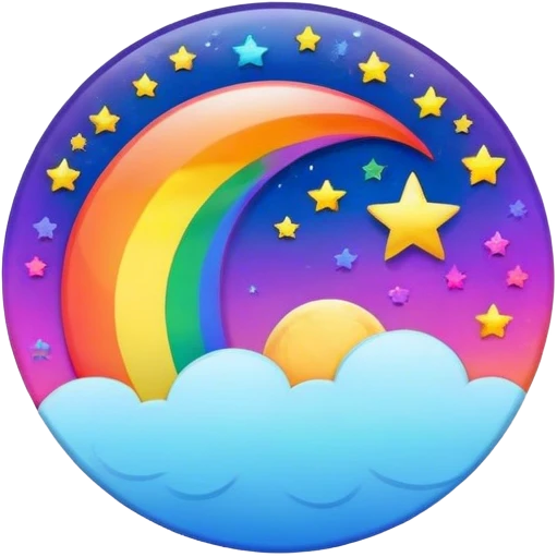 A round psychedelic colored button with rainbow colored moon and stars in the center emoji