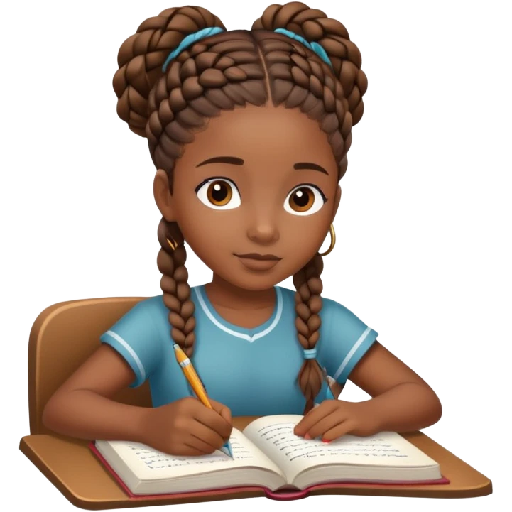 African girl student with brown skin and braided hair writing with book and pen emoji