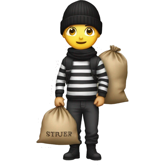Thief wearing striped shirt and black beanie, holding a sack of money behind his back. emoji