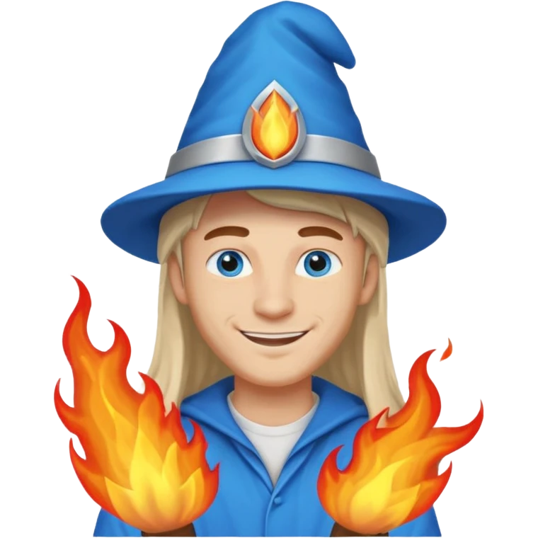 A cool guy with light skin, blue eyes, long hair, smiling, with a fire magic hat emoji