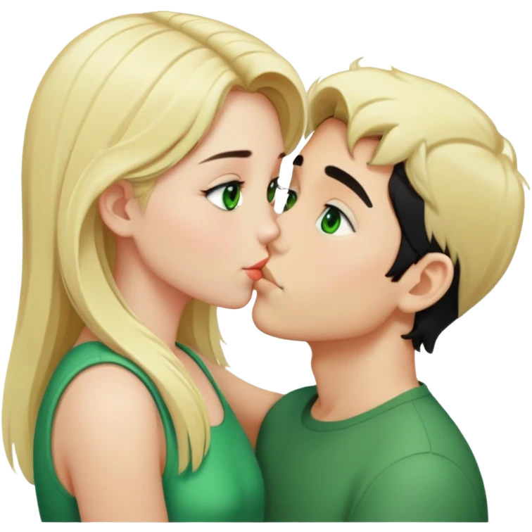 Kissing couple of boy with short black hair and green eyes and blonde girl with long hair emoji