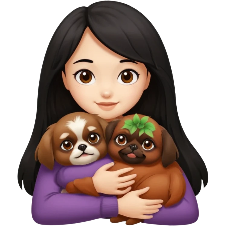 black hair girl hugging cheerfully brown pekingese dog that looks a little bit like brown gremlin emoji