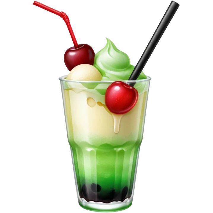 Create an emoji with a clear rounded glass, bright transparent green soda with fine bubbles, a smooth vanilla scoop, a glossy red cherry, and a black straw, using vibrant colors, soft shading, and clear glass highlights.
 emoji