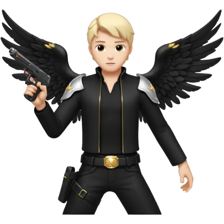 male Angel dual-wielding pistols, shooting, dynamic action pose, glowing wings, black clothes no background














 emoji