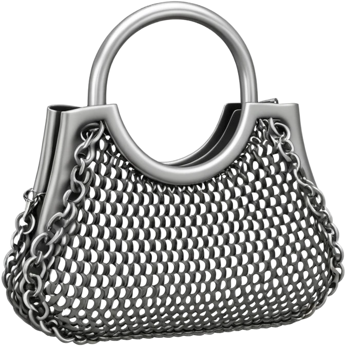 3D render of Mesh Purse, made of interlocking chainmail metal rings, wire mesh texture, visible holes and negative space, metallic silver and grey, high contrast shadows, Apple emoji style, isolated on white background --v 6.0. emoji