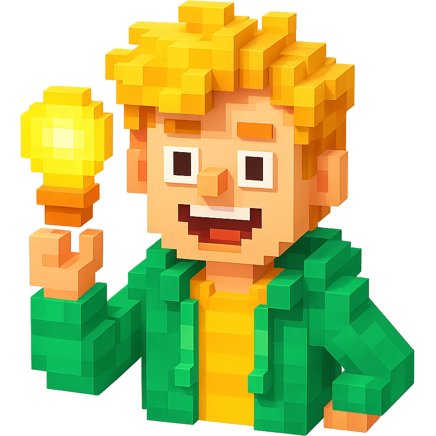bright and expressive male visionary, fair skin, tousled golden hair, wide joyful eyes, wearing a green hoodie over a yellow tee, one hand raised with a glowing lightbulb, waist-up, front-facing emoji