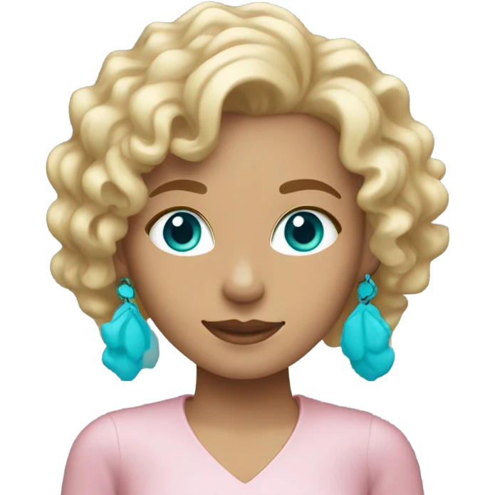 Blonde curly hair mid length.  Belgian girl. blue eyes with turquoise earrings and light pink features emoji