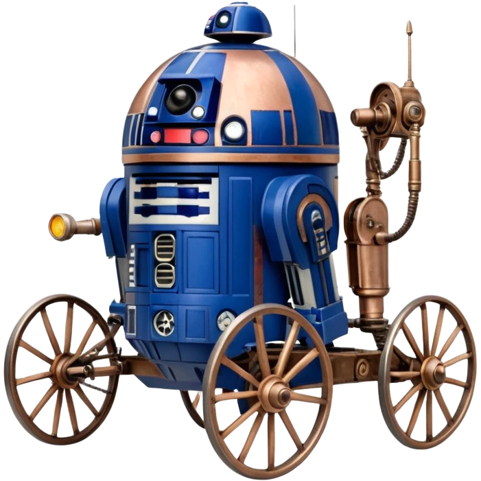 Action in Old American West tarnished R2D2 bounty policeman in 1864 delicately ornate rosegold accents painted buggy powered by electric motors and batteries with safety features and belts flying rapidly across rough dusty terrain stable on strong agile futuresteampunk suspension and steering  emoji