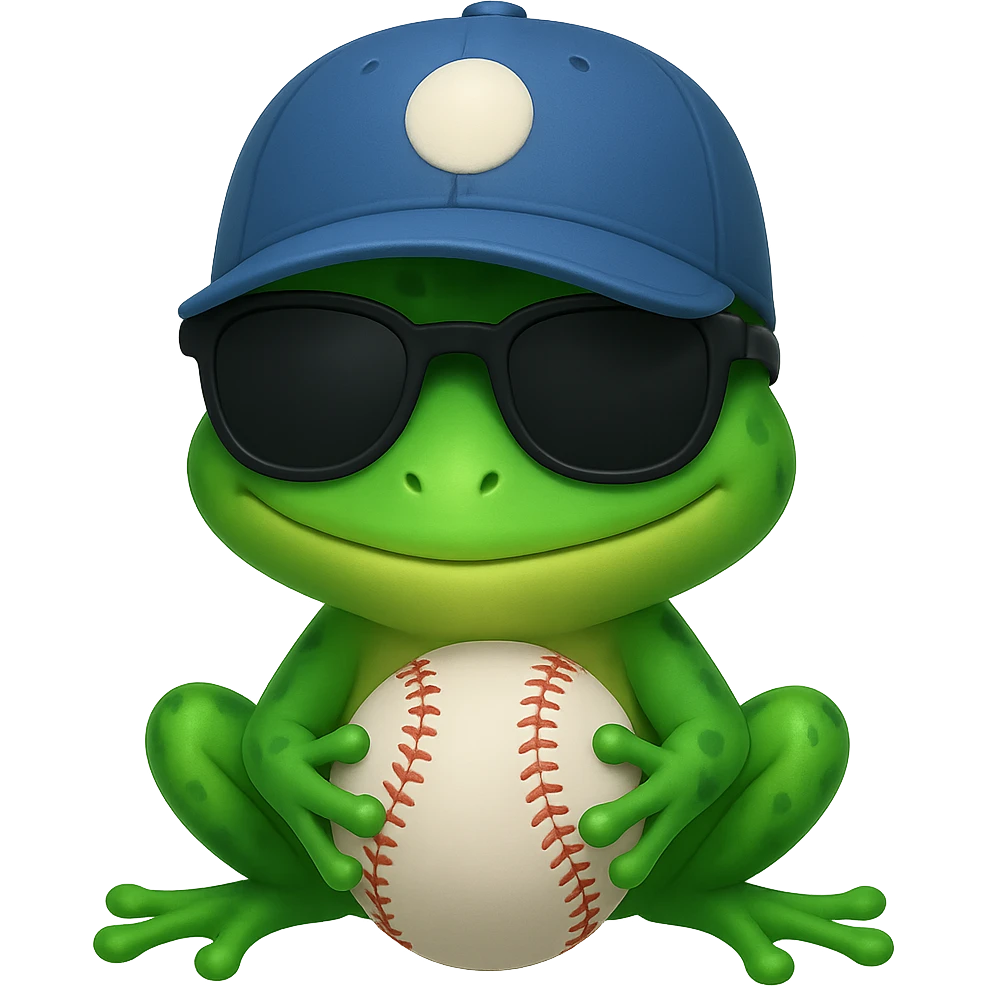 Tiny tropic frog wearing a baseball cap and sunglasses, emoji style emoji