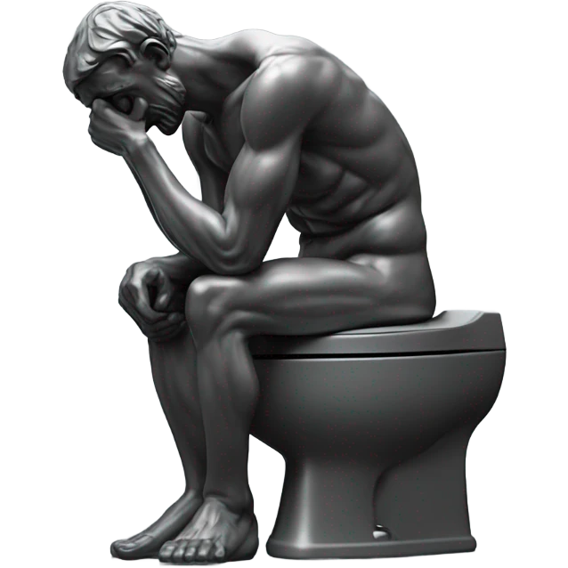 rodin sculpture the thinker but he's sitting on a toilet which is the same dark gray color as the man, and his head is resting forward on the top of his right hand emoji